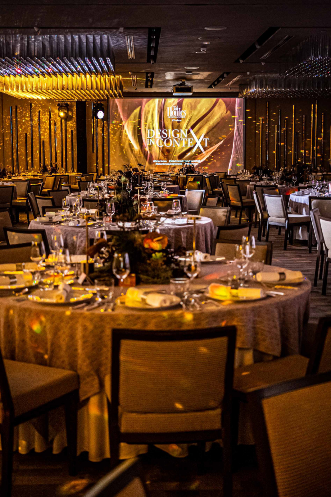 The Gallery ballroom at Grand Hyatt Singapore is reimagined as a stylish dining room for Tatler Homes Design Awards’ 10th cycle