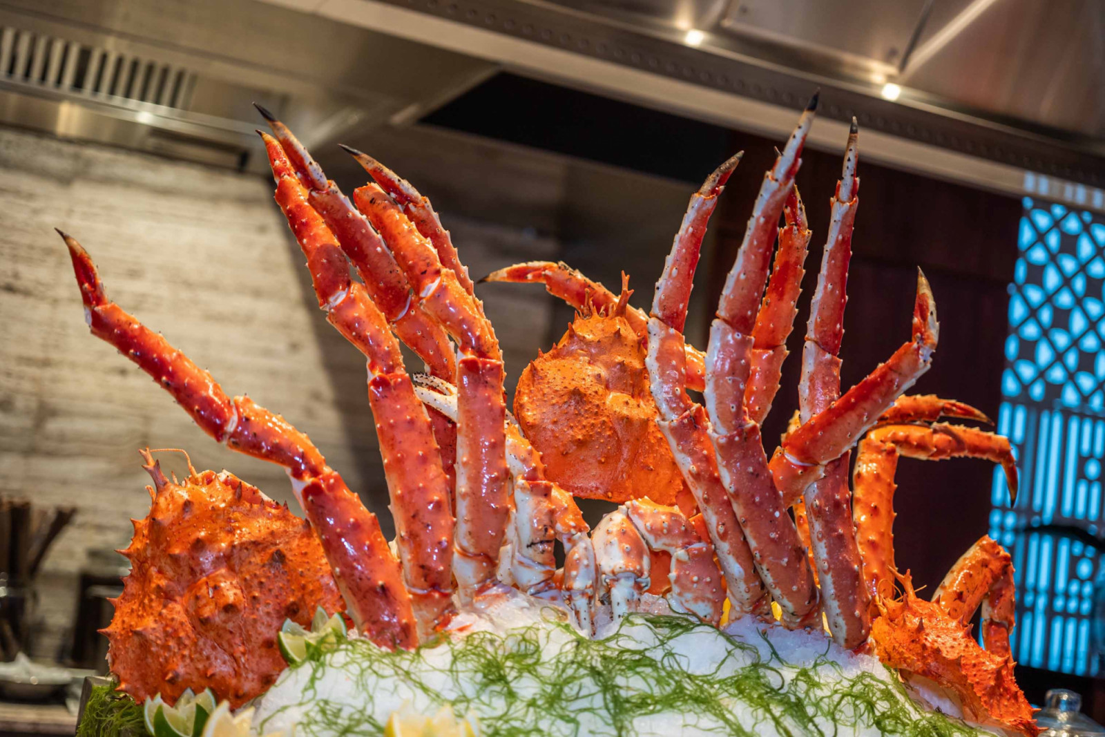 The seafood buffet decorated with Alaskan King Crab