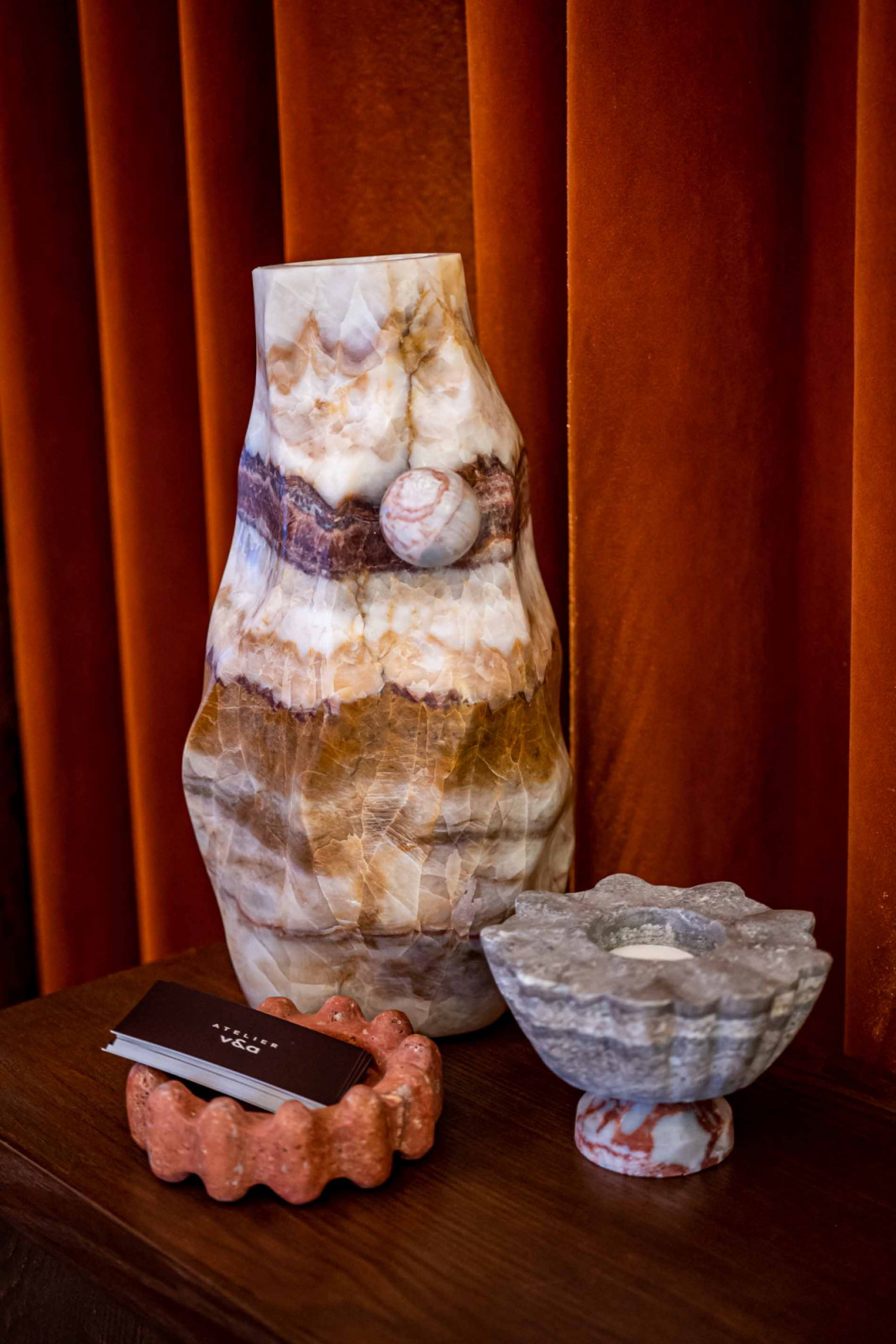 Atelier V&A vessels with Coesa’s velvet curtain