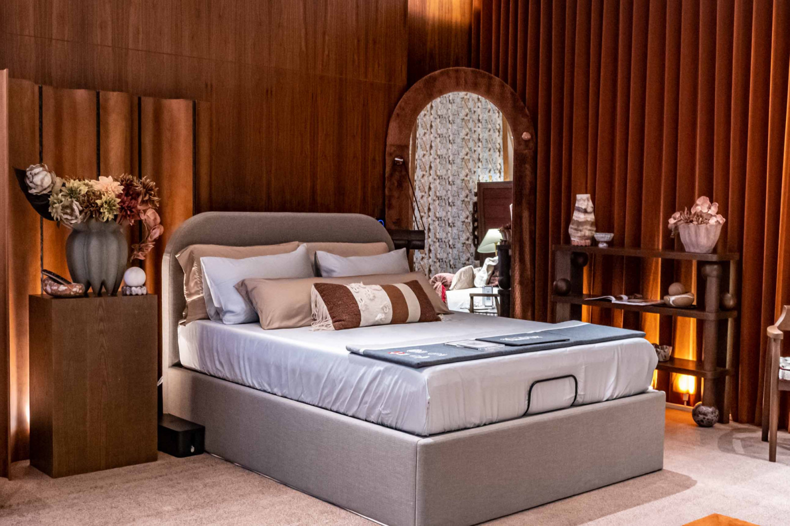 Tempur mattress corner styled by Atelier V&A custom decor and Coesa velvet curtain as backdrop