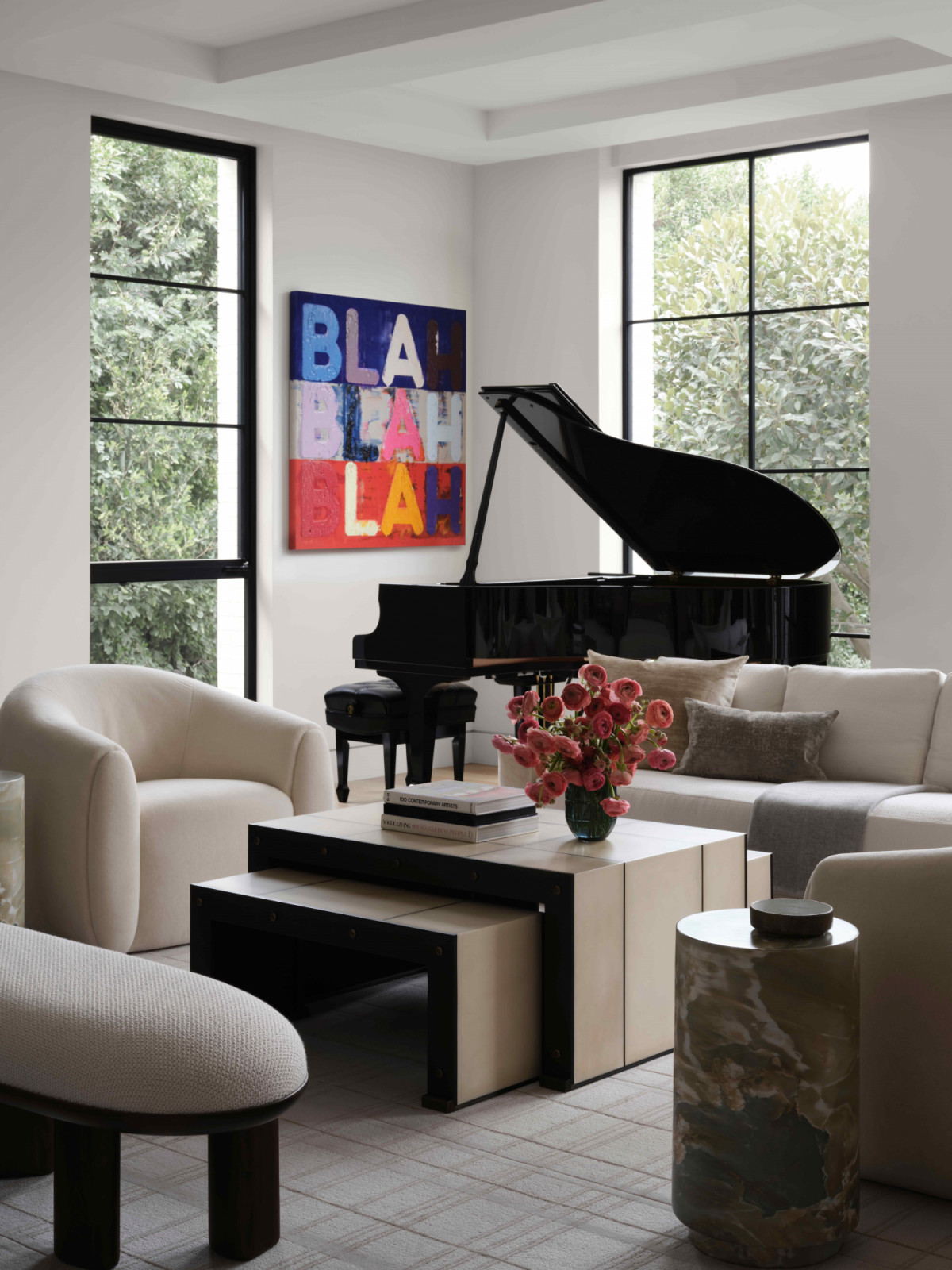 An acrylic-on-canvas painting by Jeff Peters offsets the composition