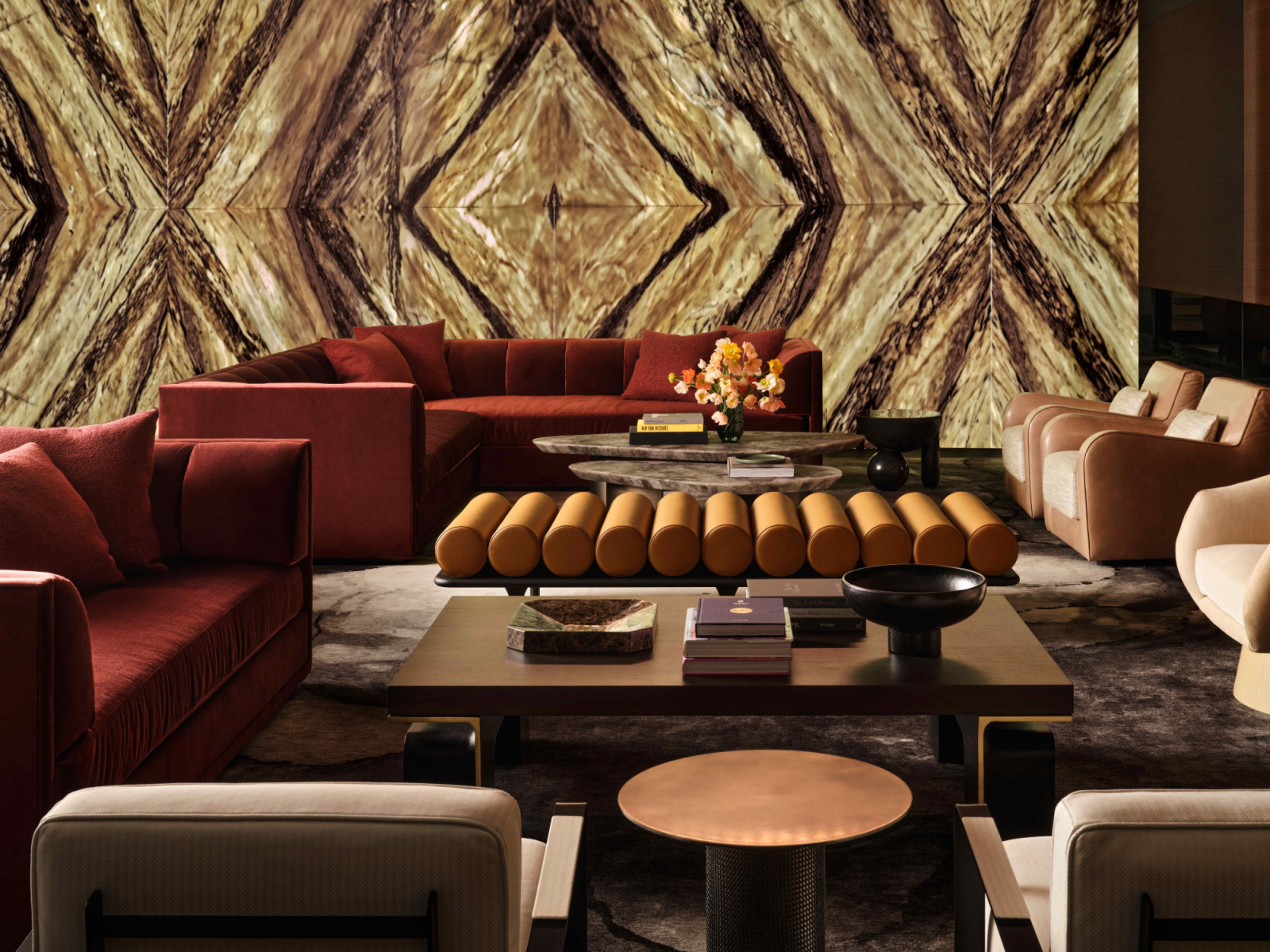 The lower level transitions to a more intimate lounge environment
