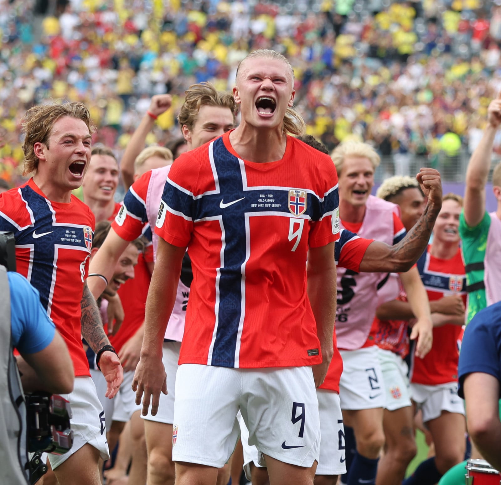 EAST RUTHERFORD, NEW JERSEY - JULY 5: Norway's Erling Haaland celebrates at the end of the match during the FIFA World Cup 2026 Round Of 16 match between Brazil and Norway at New York New Jersey Stadium on July 5, 2026 in East Rutherford, New Jersey. (Photo by Rob Newell - CameraSport via Getty Images)
