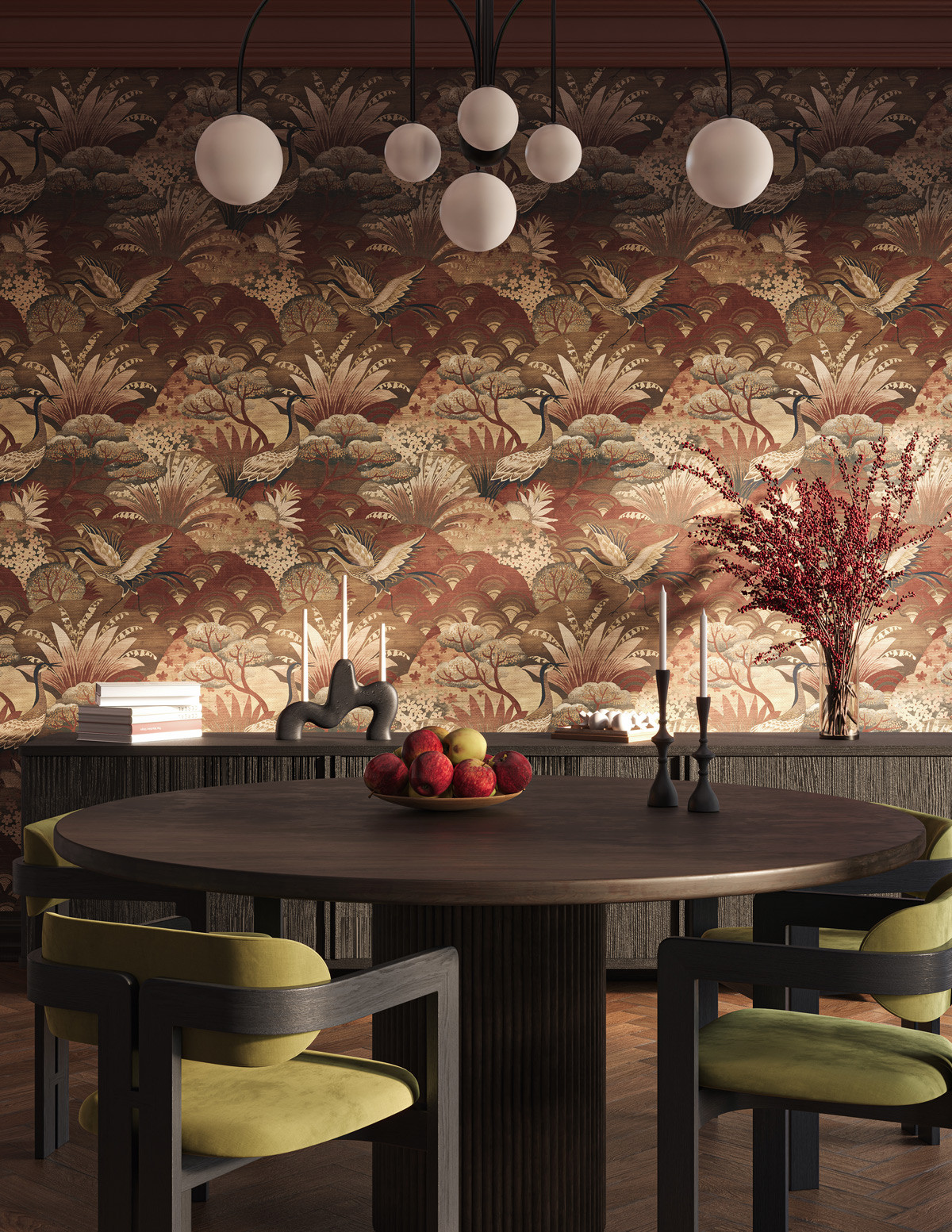 Phillip Jeffries’ Fable in the Sepia Garden colourway in a dining room