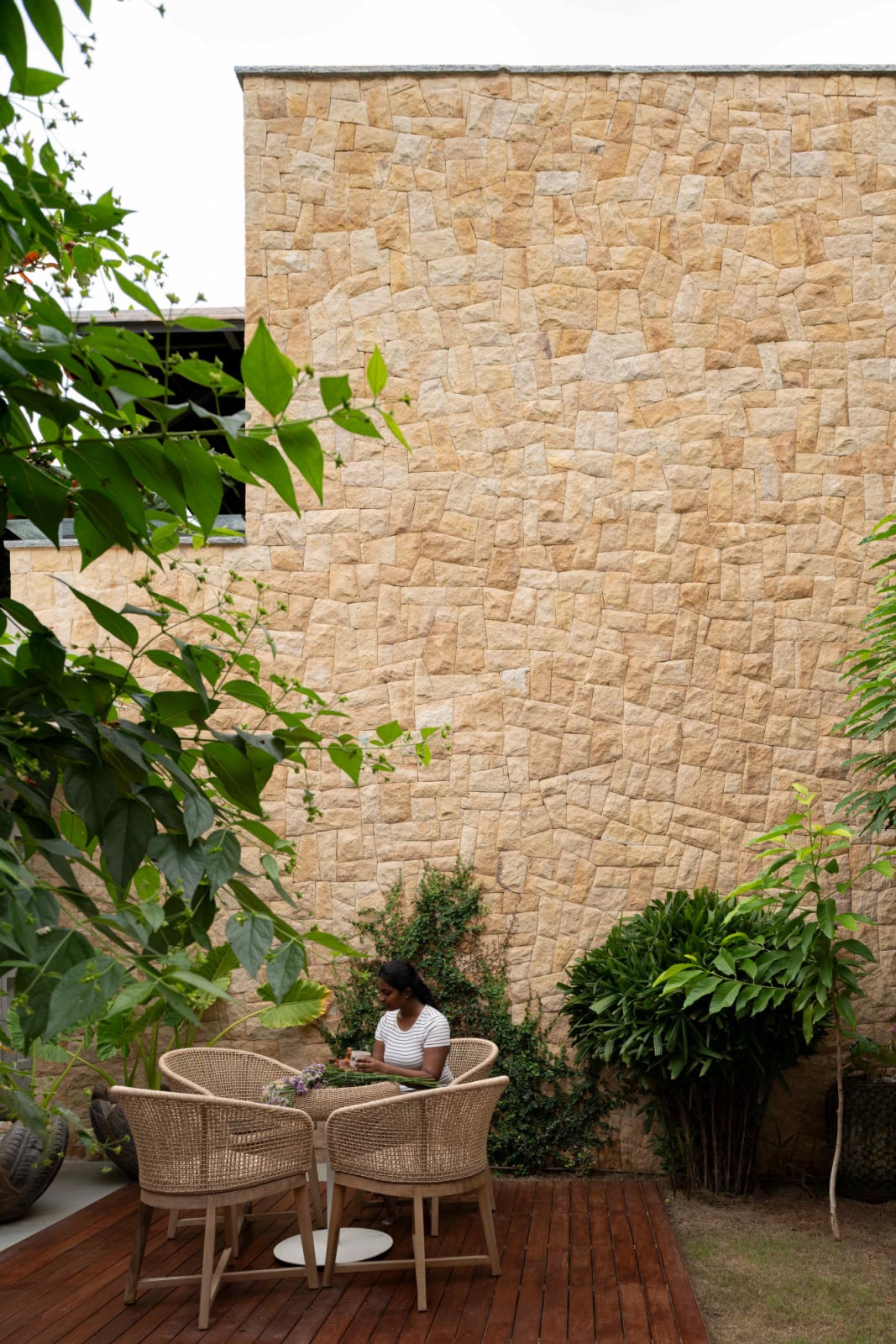 Natural stone surfaces create a calm backdrop