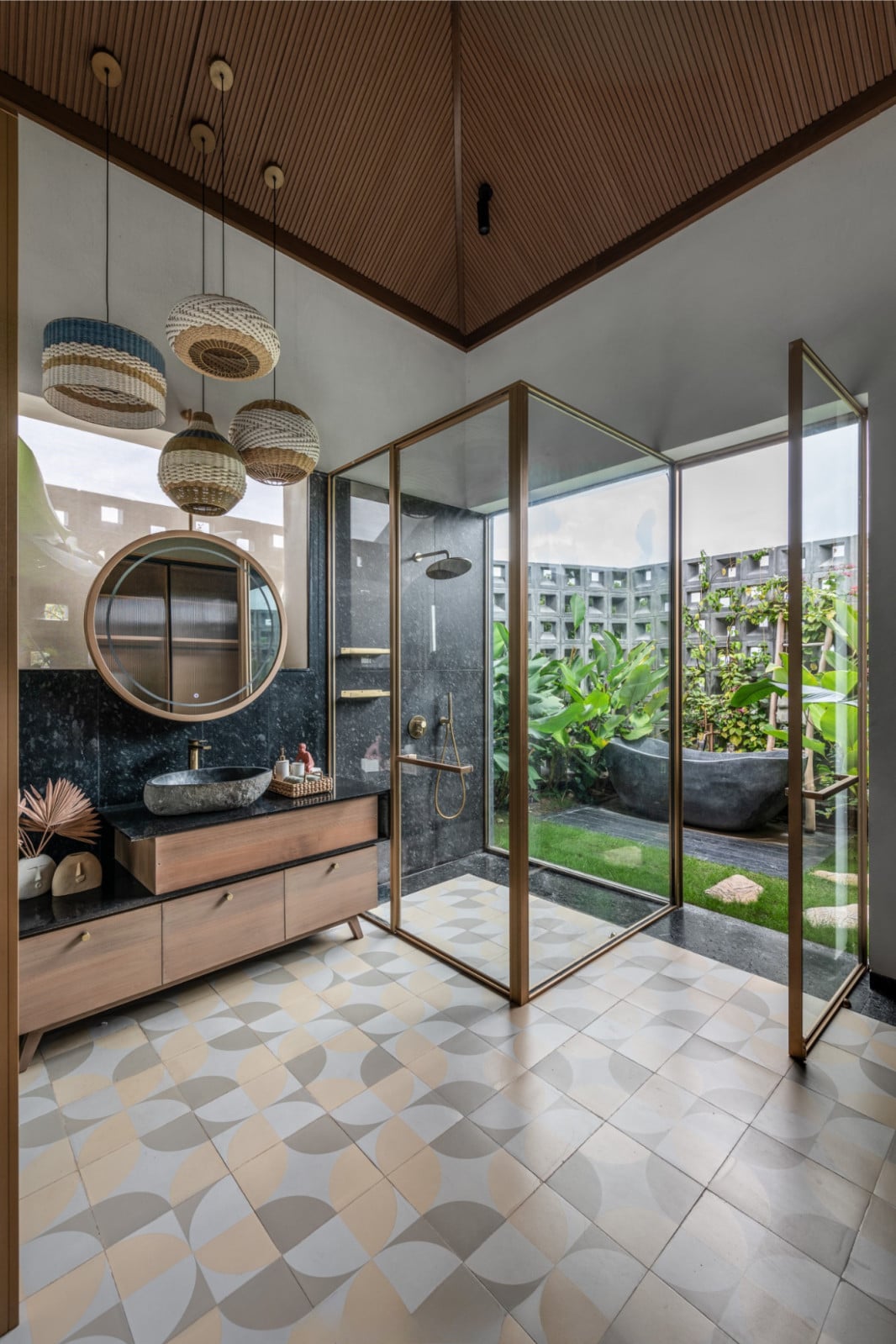 Warm timber ceilings soften the crisp geometric interiors