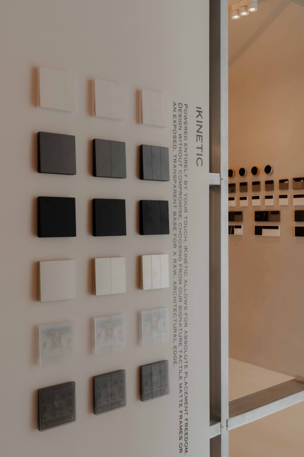 The iKinetic wall at The Hour of Light, a curated palette of self-powered switches with no wiring required