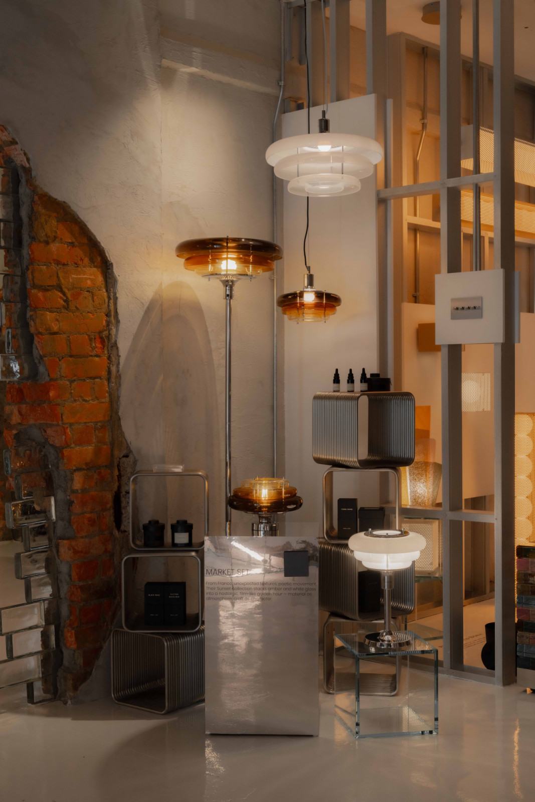 Market Set’s Sunset pieces at The Hour of Light, part of the curated selection joining Aeon at Sol Luminaire’s showroom
