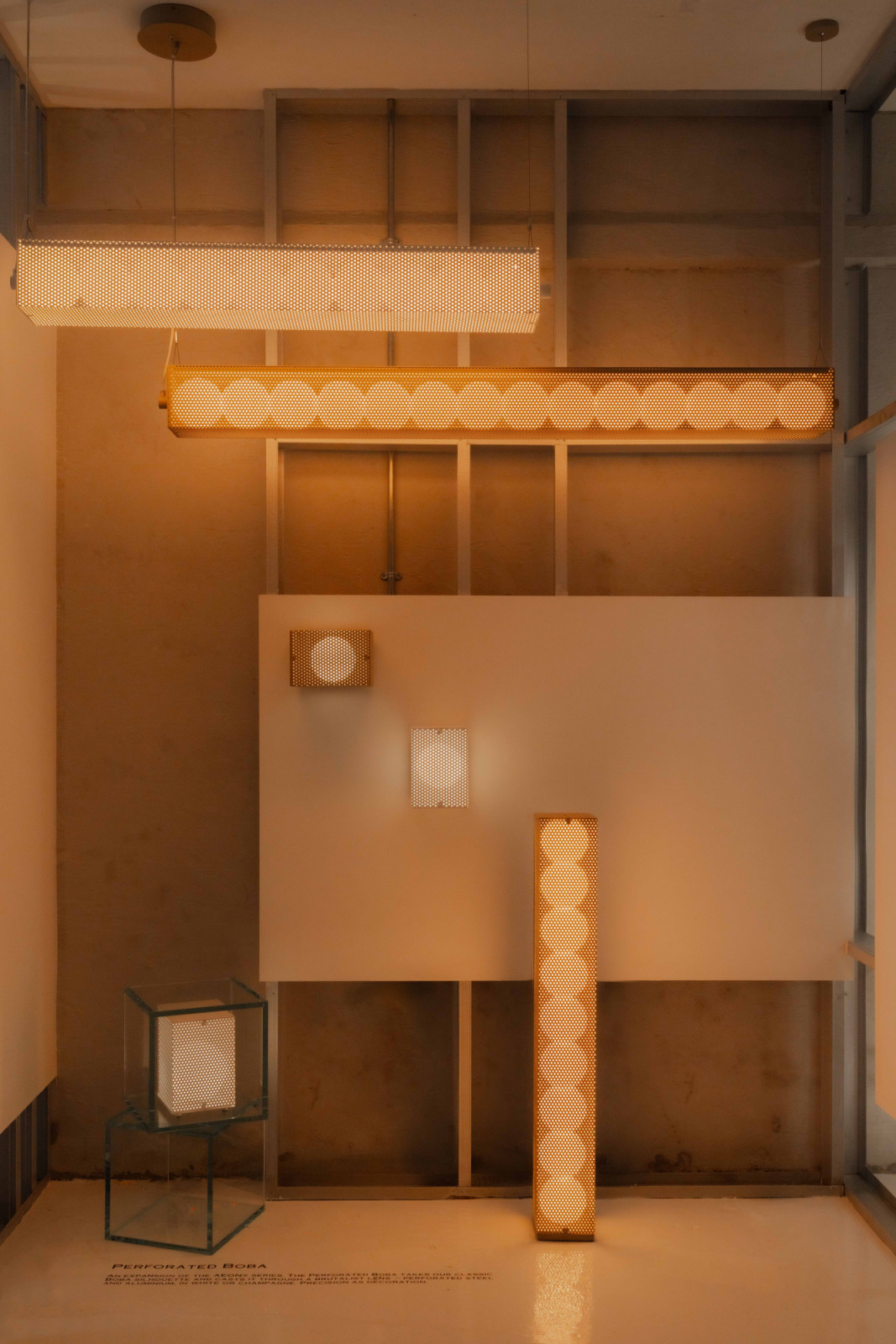 The Perforated Boba display at The Hour of Light, the classic Boba silhouette recast through a brutalist lens