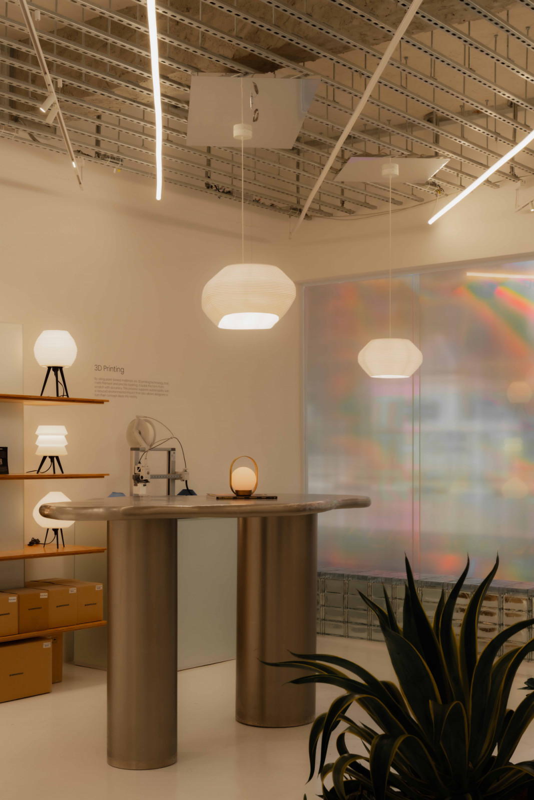 The Sonogo collaboration at Sol Luminaire’s showroom, 3D-printed forms that filter light into shadow and glow