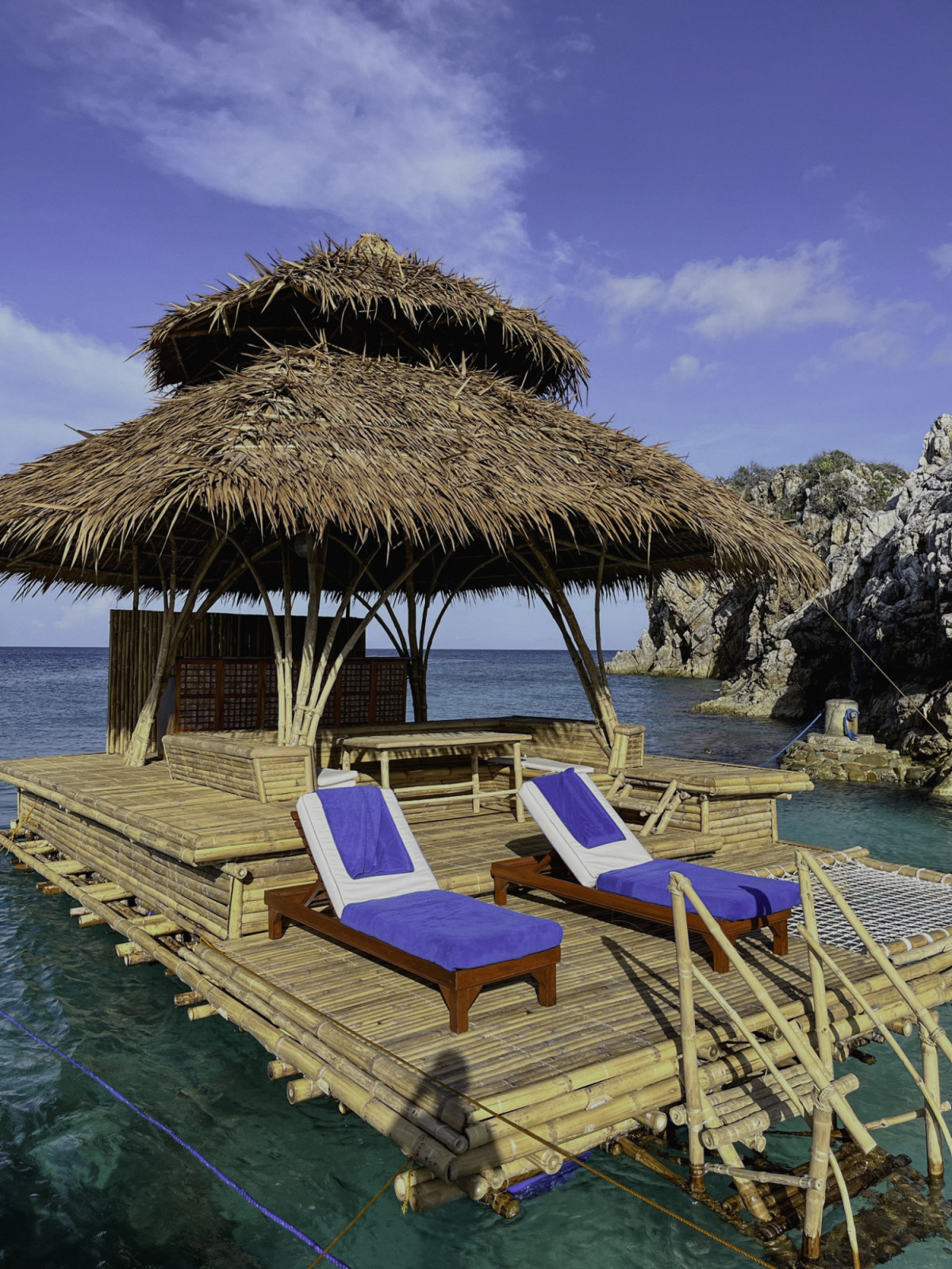 A floating bar built entirely from bamboo for one of the world's most discreet luxury island destinations. Buoyancy and stability in open water were achieved through a calibrated nylon drum flotation system, with structural balance and weight distribution carefully considered throughout. The project demonstrates that lightweight, material-honest construction can meet the performance demands of high-end hospitality in a marine environment.