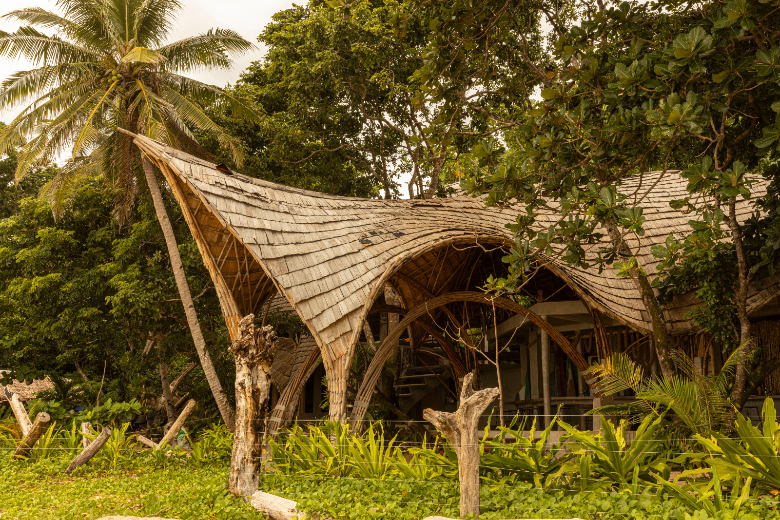 Taran Beach Club is a surf, wellness, and hostel destination built on a remote coastal site accessible only by sea for the transportation of materials during parts of the year