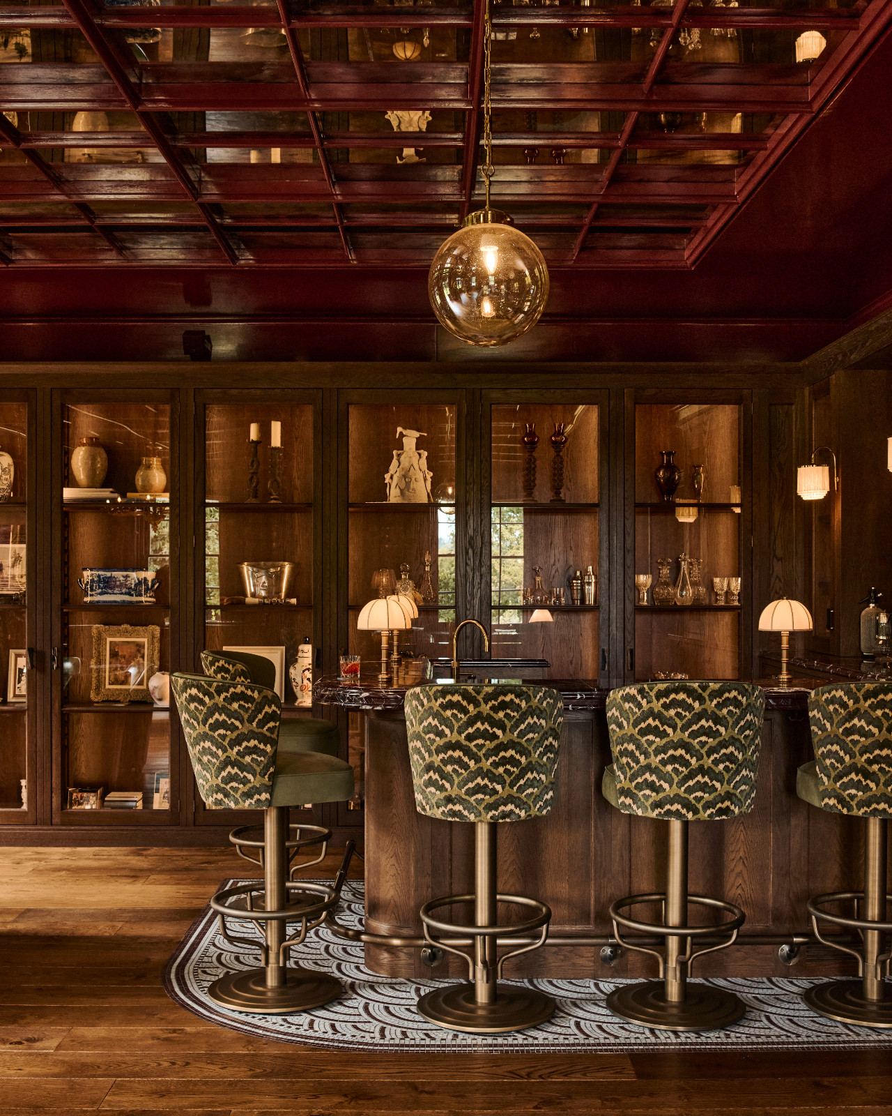 The bar of a Surrey, England family home designed by Linda Boronkay of Boronkay Studio