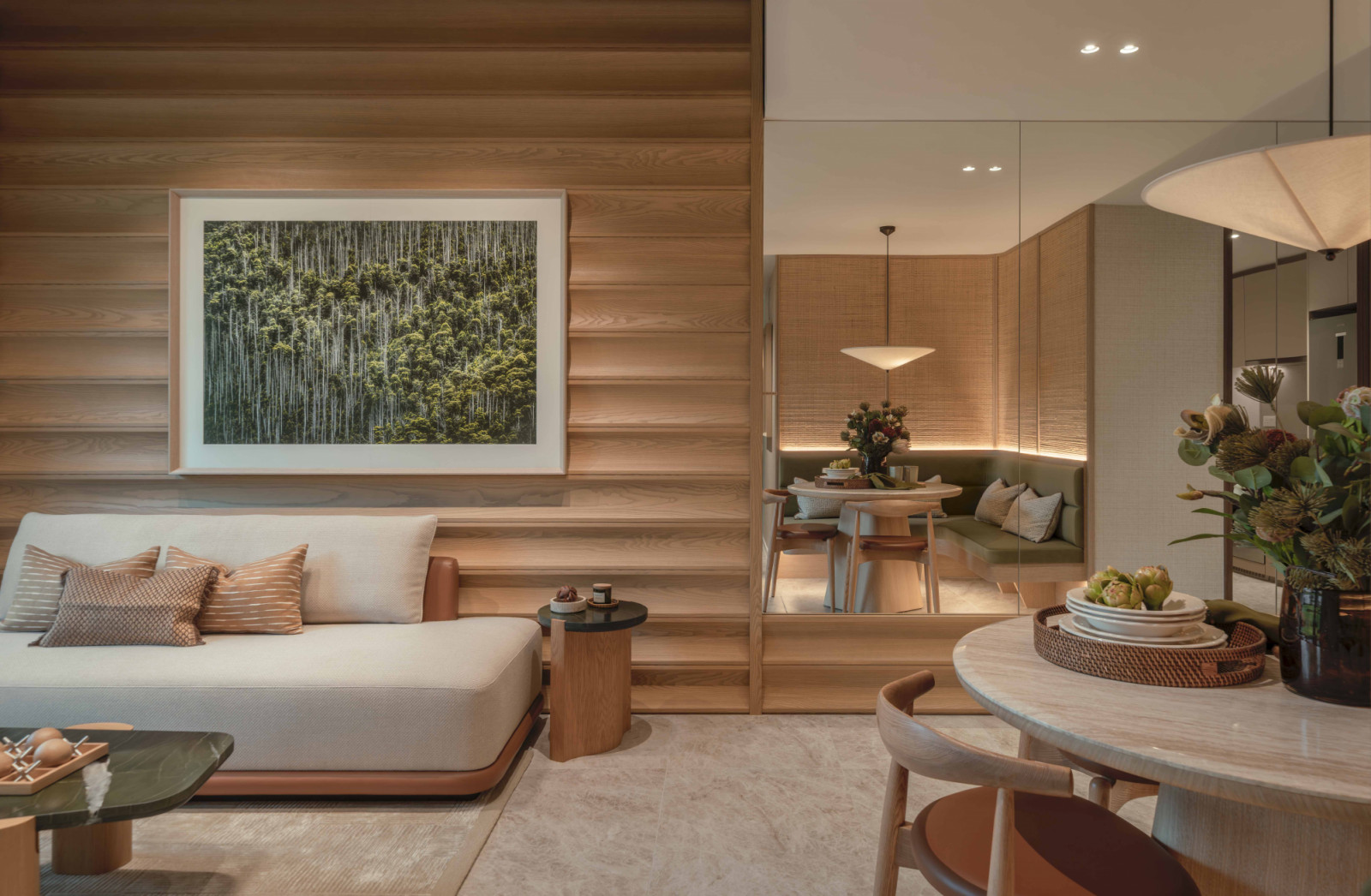A different living room and dining space in a Dunearn House show unit