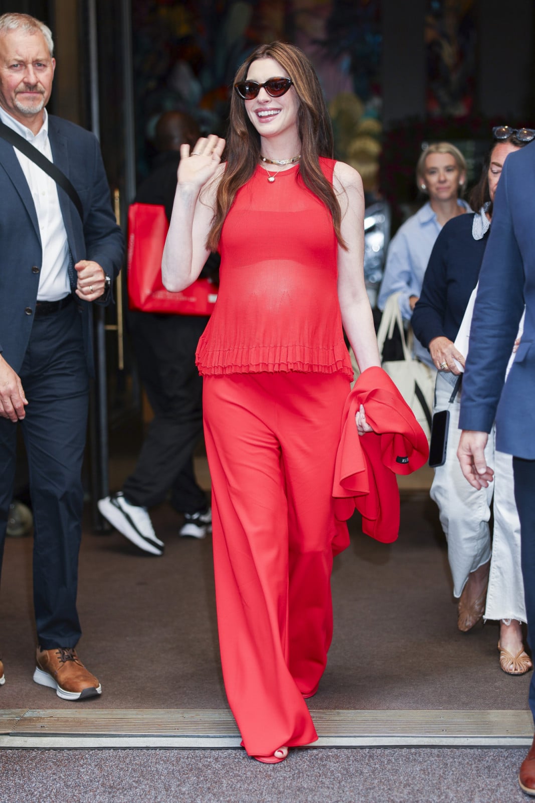 NEW YORK, NEW YORK - JUNE 30: Anne Hathaway is seen in Financial District on June 30, 2026 in New York City. (Photo by Aeon/GC Images)