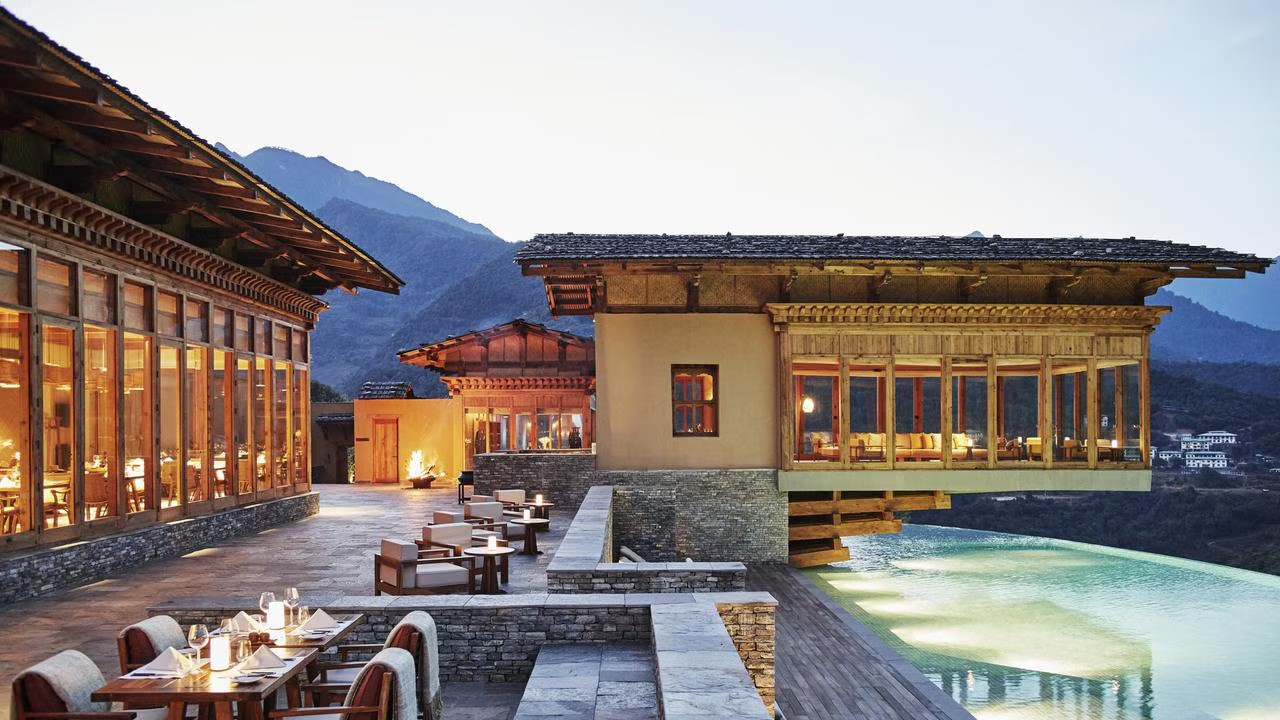 The Flying Farmhouse at Six Senses Punakha was inspired by traditional Bhutanese cantilevered architecture, cleverly appearing to hover over the lodge’s infinity pool