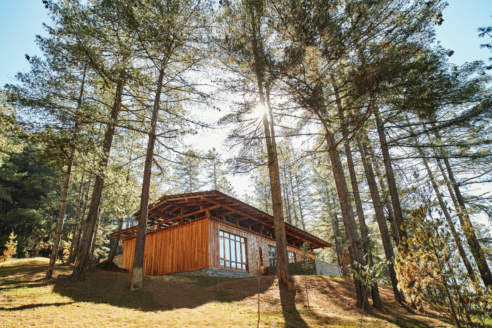 A timber-clad villa at Six Senses Bumthang sits tucked among tall pines on the property’s forested slope