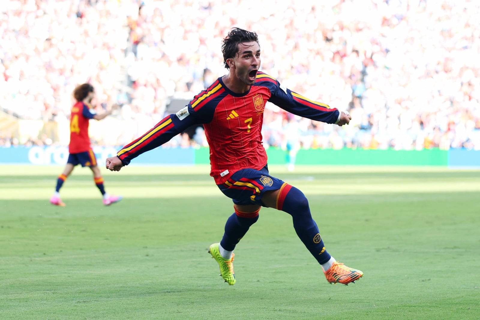 Ferran Torres #7 of Spain celebrates scoring his team’s first goal during the FIFA World Cup 2026 Final match between Spain and Argentina (Photo: Alex Pantling/Getty Images)