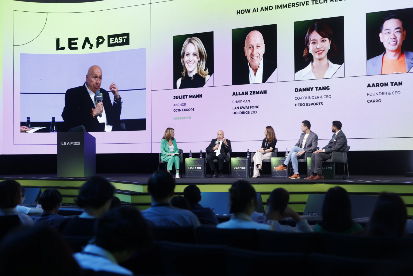 Allan Zeman, chairman of Lan Kwai Fong Group, speaking at the LEAP East tech conference in July 2026 (Photo: courtesy of LEAP East)