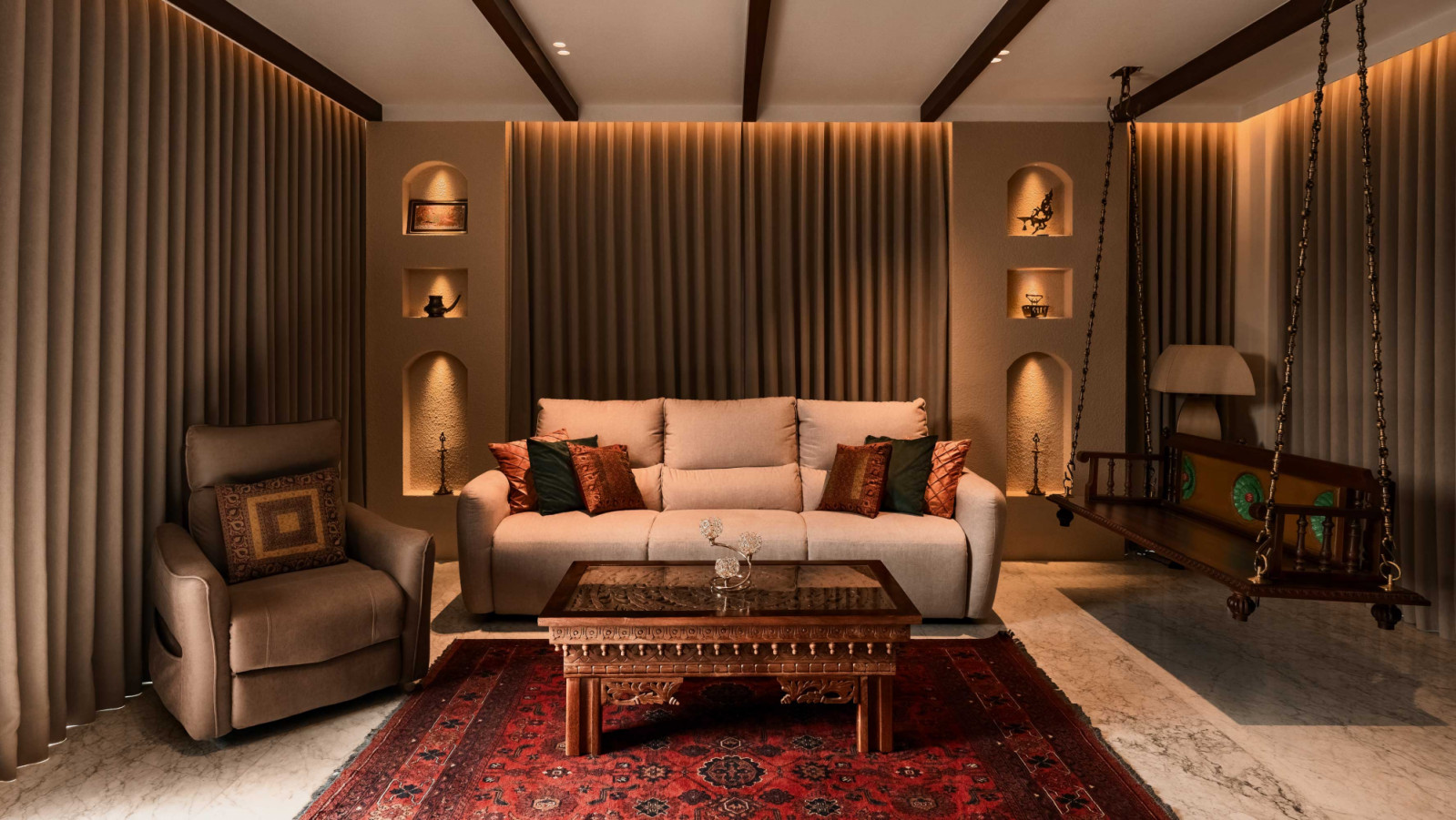 An ornate timber swing sits within a drapery-lined living room in this Changi home by Create Architecture