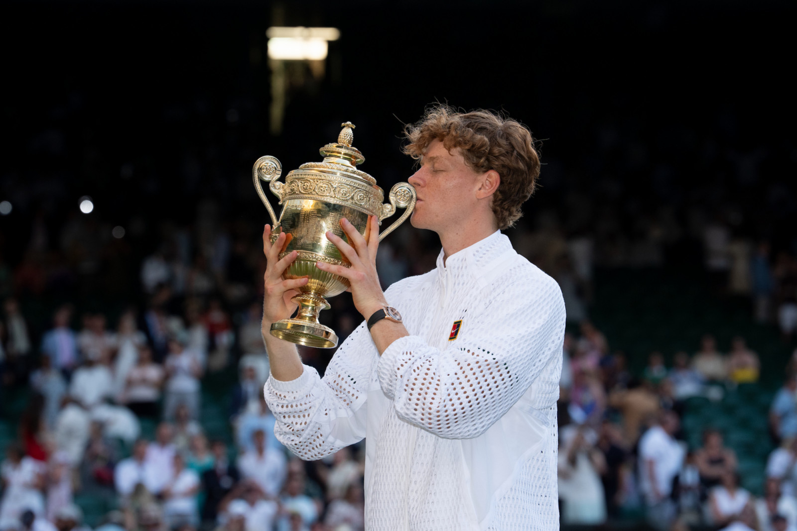 Jannik Sinner (ITA) kisses the Gentleman's Singles Trophy, after his win over Alexander Zverev (GER) in the Gentleman's Final. The Championships, Wimbledon 2026