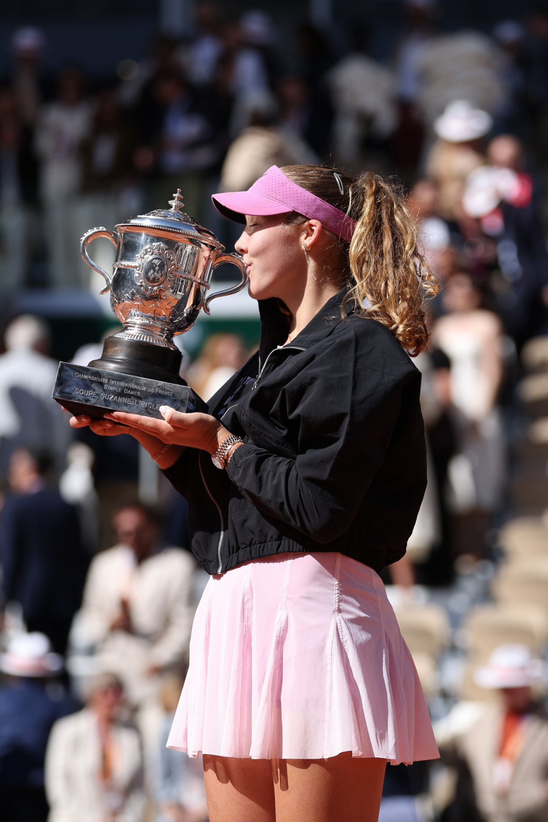 Prizegiving ceremony with Mirra Andreeva (Rus) holding the trophy after her final against
Maja Chwalinskaon (Pol) on day fourteen at Roland-Garros.