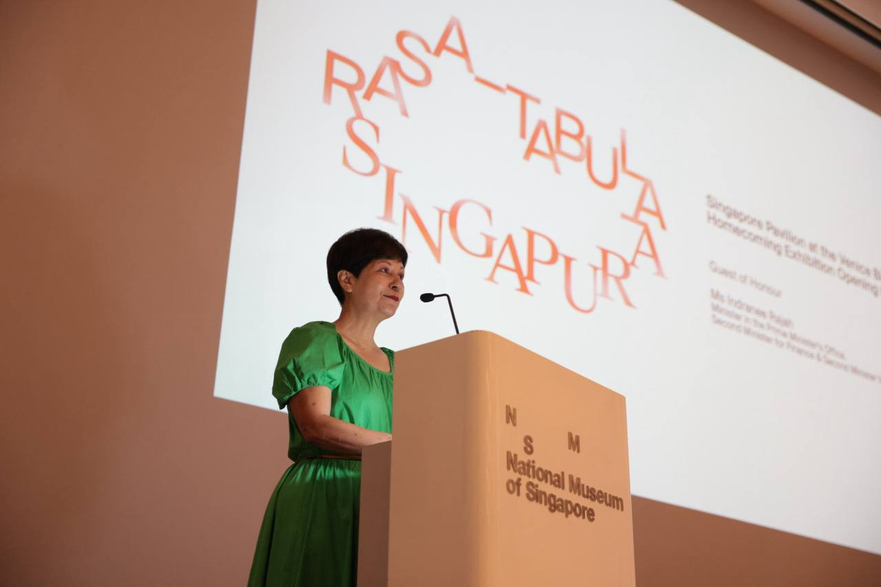 Minister Indranee Rajah speaking at the opening of the homecoming exhibition of Rasa-Tabula-Singapura