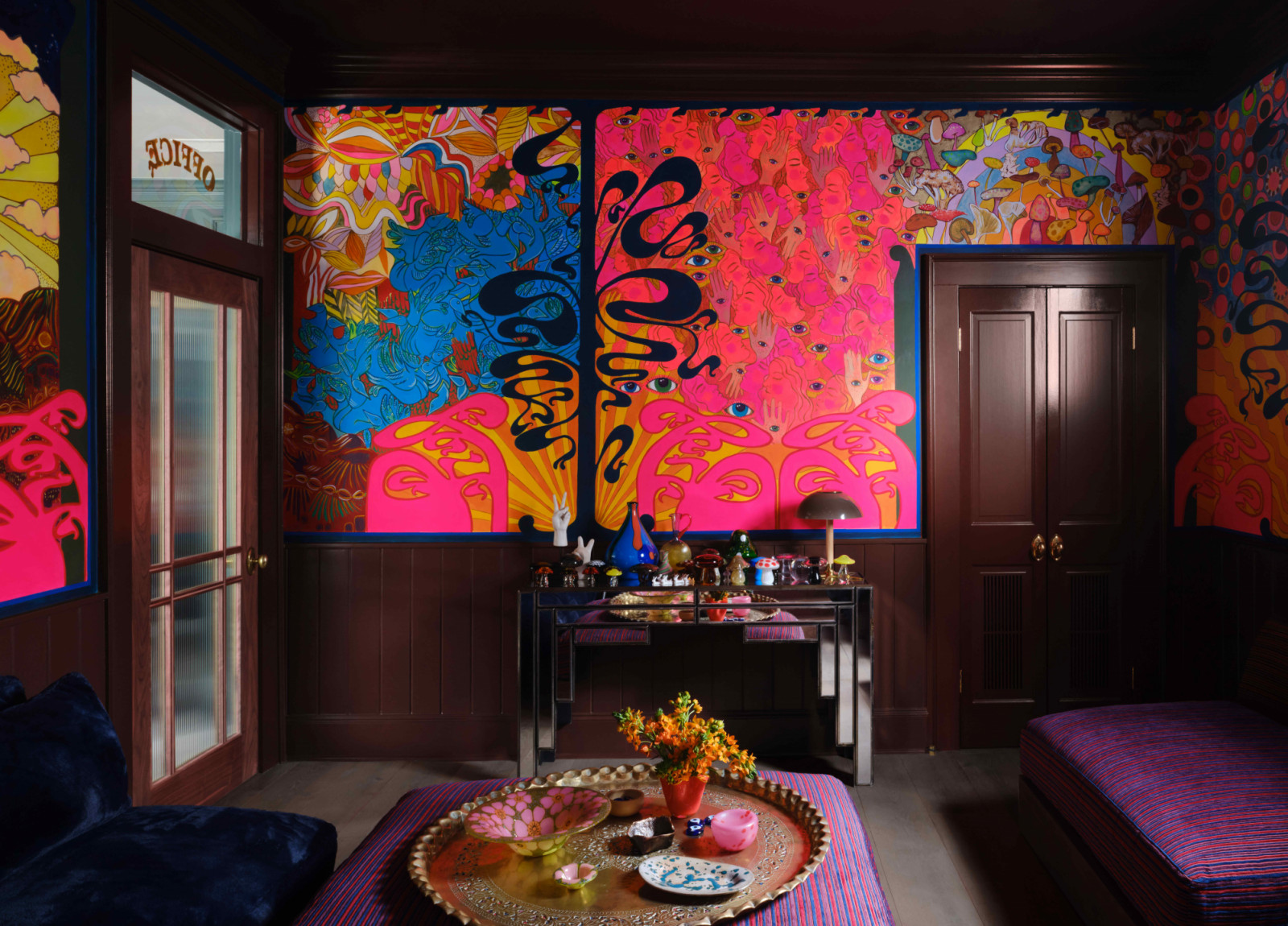 The psychedelic murals in the office, handpainted by Austin artist Michelle Marchessault
