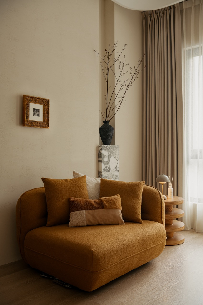 An armchair upholstered in burnt-orange bouclé anchors a corner of the living space, set beneath a small framed artwork and a dried floral arrangement