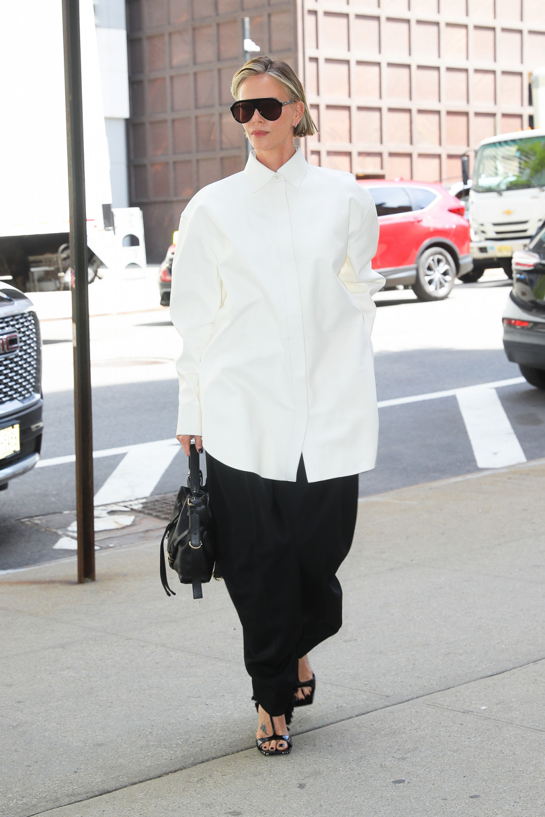 NEW YORK, NY - APRIL 23: Charlize Theron is seen arriving at the Drew Barrymore show on April 23, 2026 in New York, New York. (Photo by MEGA/GC Images)