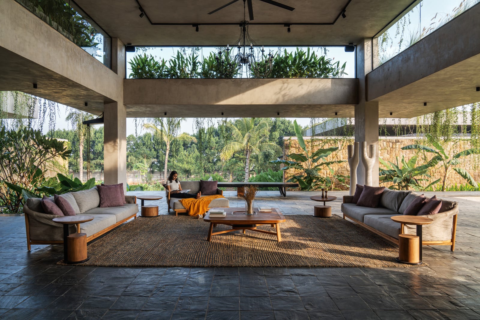 The living room in a multigenerational home designed by 23 Degrees Design Shift in Hyderabad, India
