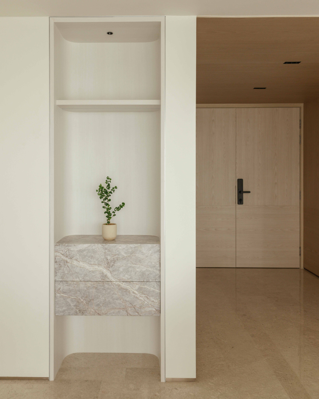 A marble console and potted plant welcome guests just inside the front door of the penthouse