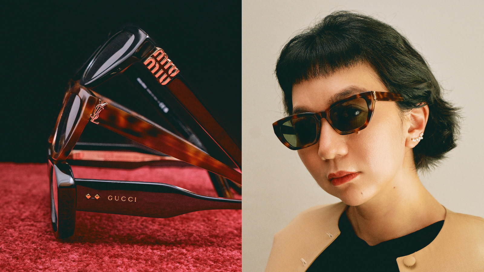 Miu Miu, Yves Saint Laurent and Gucci from Vision Express; Sarenas wears Yves Saint Laurent