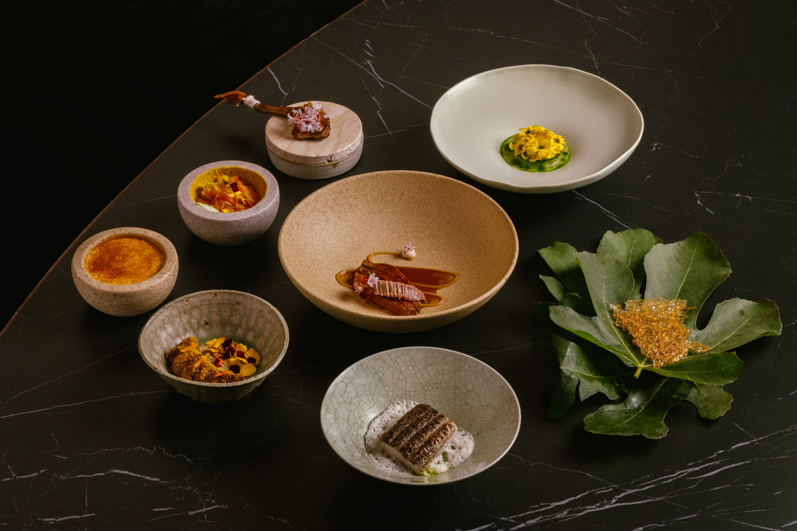 A selection of artfully composed dishes, featuring diverse textures and vibrant ingredients from a gourmet tasting menu.