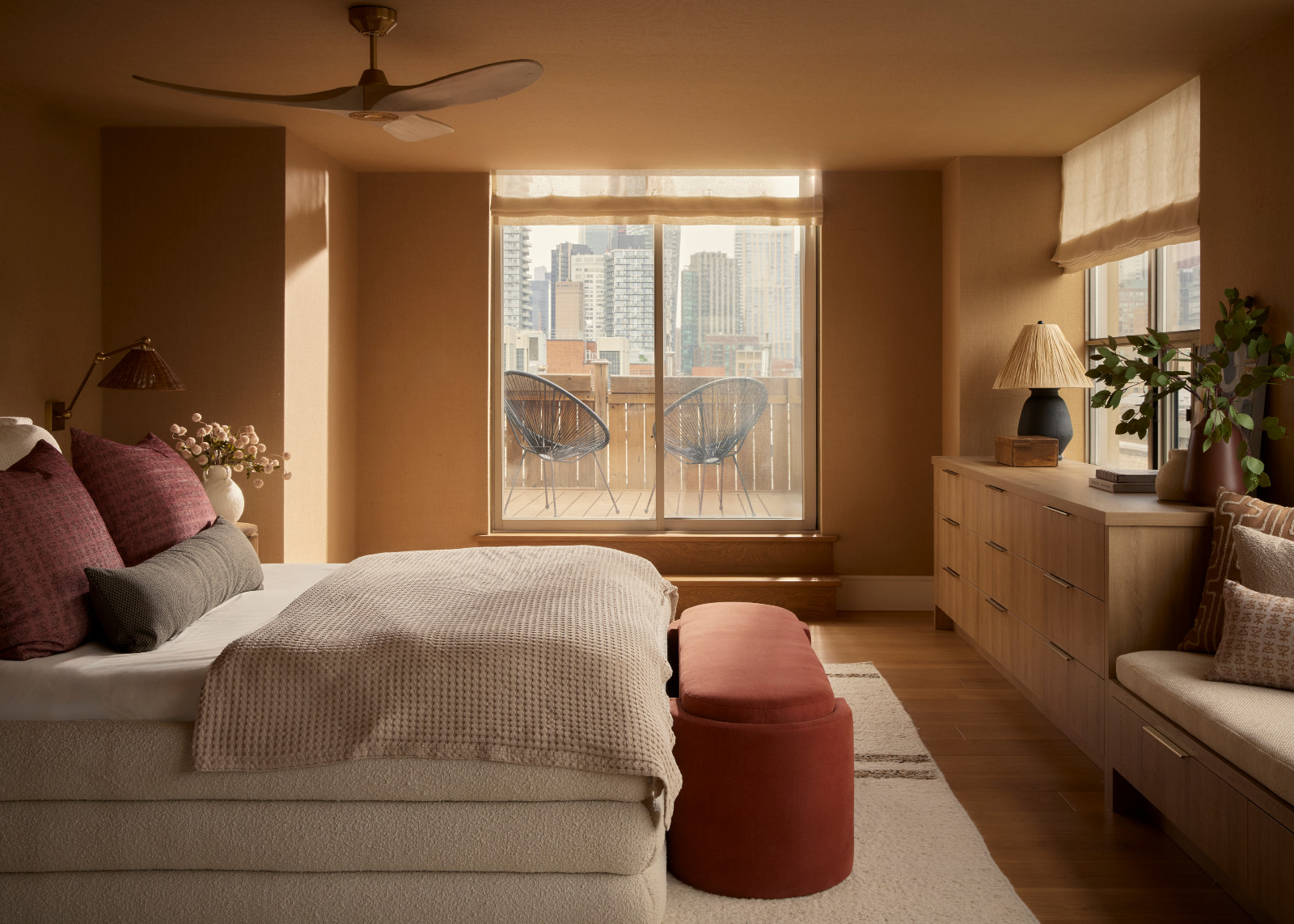 The primary bedroom of a 1980s penthouse, renovated by Dvira Interiors in Toronto, Canada