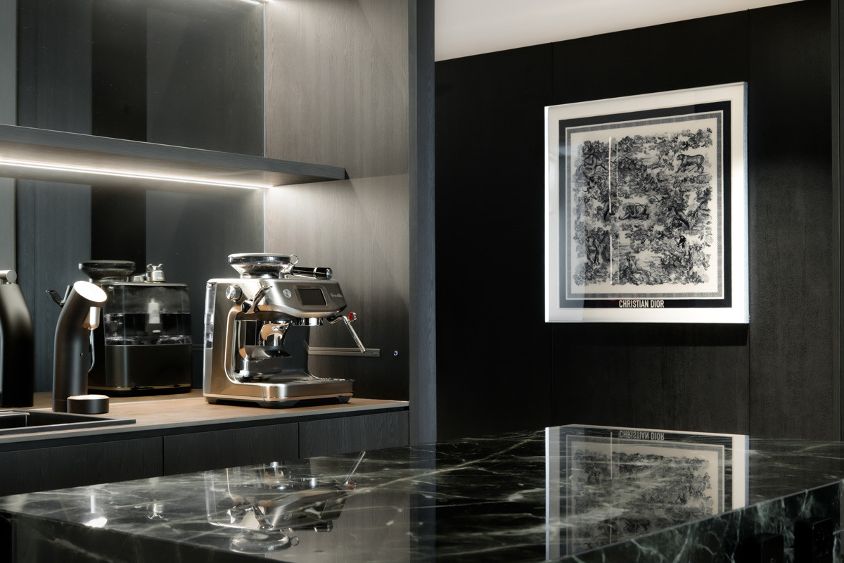 A framed Dior scarf lends a touch of fashionable opulence