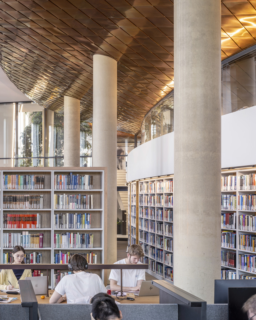 Cylindrical concrete columns punctuate the space, echoing the building’s structural rhythm elsewhere (Photo: Kilian O’Sullivan)