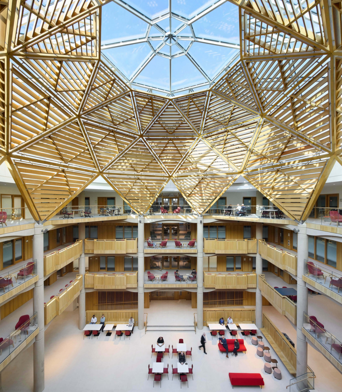 The atrium’s timber lattice dome draws the eye upward through overlapping triangular sections toward a central oculus (Photo: Hufton + Crow)