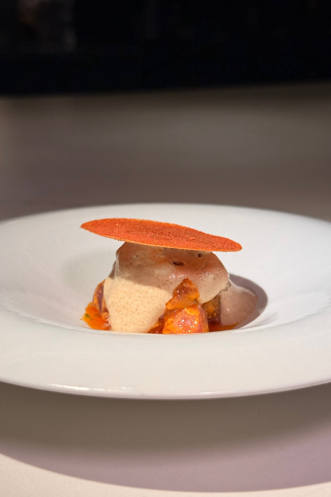 The tuna course from Helm by Josh Boutwood's Single Ingredient menu: Akami, otoro, coconut, kaffir lime, lemongrass, roasted miso emulsion, fish bone jelly, tuna roe adobo, cracker, tomato powder.