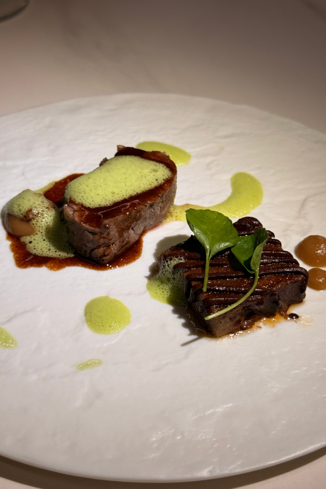 The lamb course from Helm by Josh Boutwood's Single Ingredient menu: Lamb terrine (belly and loin), mole, lamb tenderloin, demi-glace, caramelised onion purée, fried onions, watercress, red wine vinaigrette.