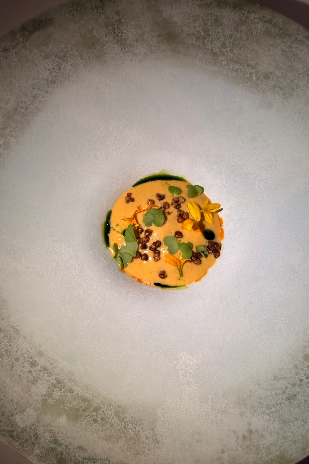 The lobster course from Helm by Josh Boutwood's Single Ingredient menu: American lobster, roasted carrot purée, pickled apple, dashi, crustacean oil, sabayon, tarragon oil, kale oil, popped buckwheat, marigold flower.