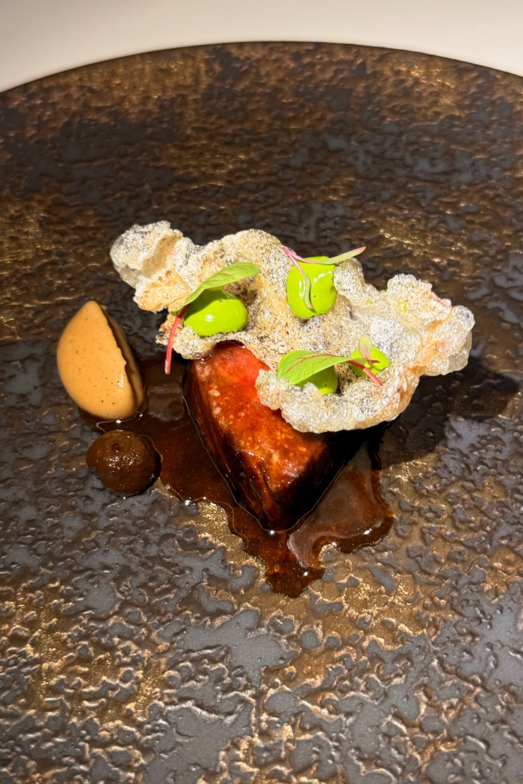 The beef course from Helm by Josh Boutwood's Single Ingredient menu: Dry-aged A5 Wagyu, sunchoke and bone marrow purée, fermented root vegetable paste, Bordeaux wine and bone paste, beef tendon cracker, onion ash.
