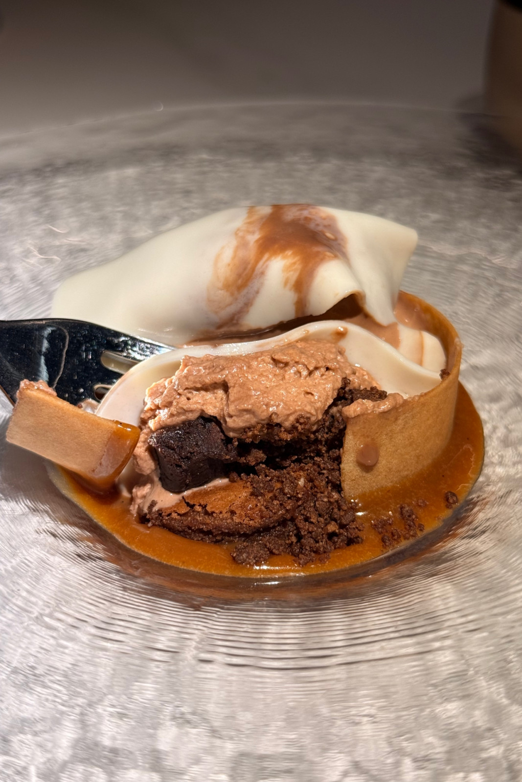 Chocolate Chocolate Chocolate, the dessert at Helm's Single Ingredient menu: burnt white chocolate sauce, flourless chocolate cake, chocolate crumbs, brownie fudge, chocolate ice cream, white chocolate gel.