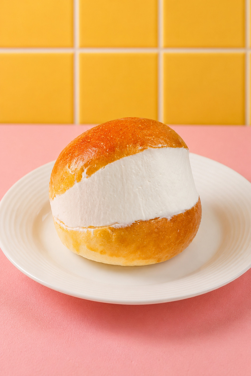 A golden brioche bun filled with luxurious whipped cream, a modern patisserie delight.