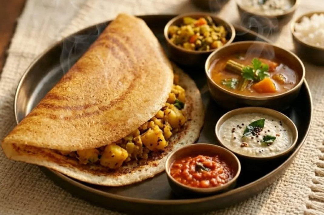 A steaming Masala Dosa, accompanied by traditional sambar and an assortment of chutneys.