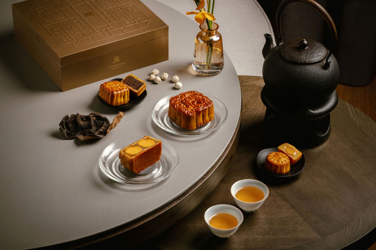 A selection of mooncakes from The St. Regis Hong Kong, served with traditional tea.