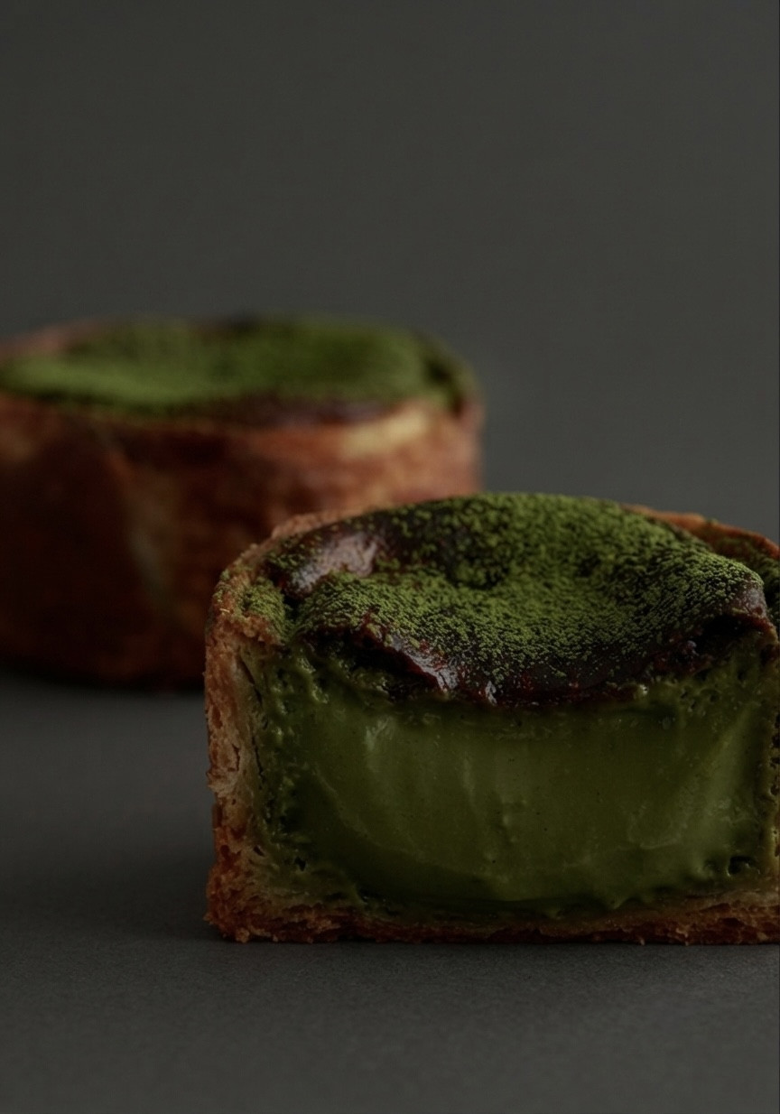 A precisely crafted matcha tart, revealing a vibrant green custard and delicate matcha powder dusting.