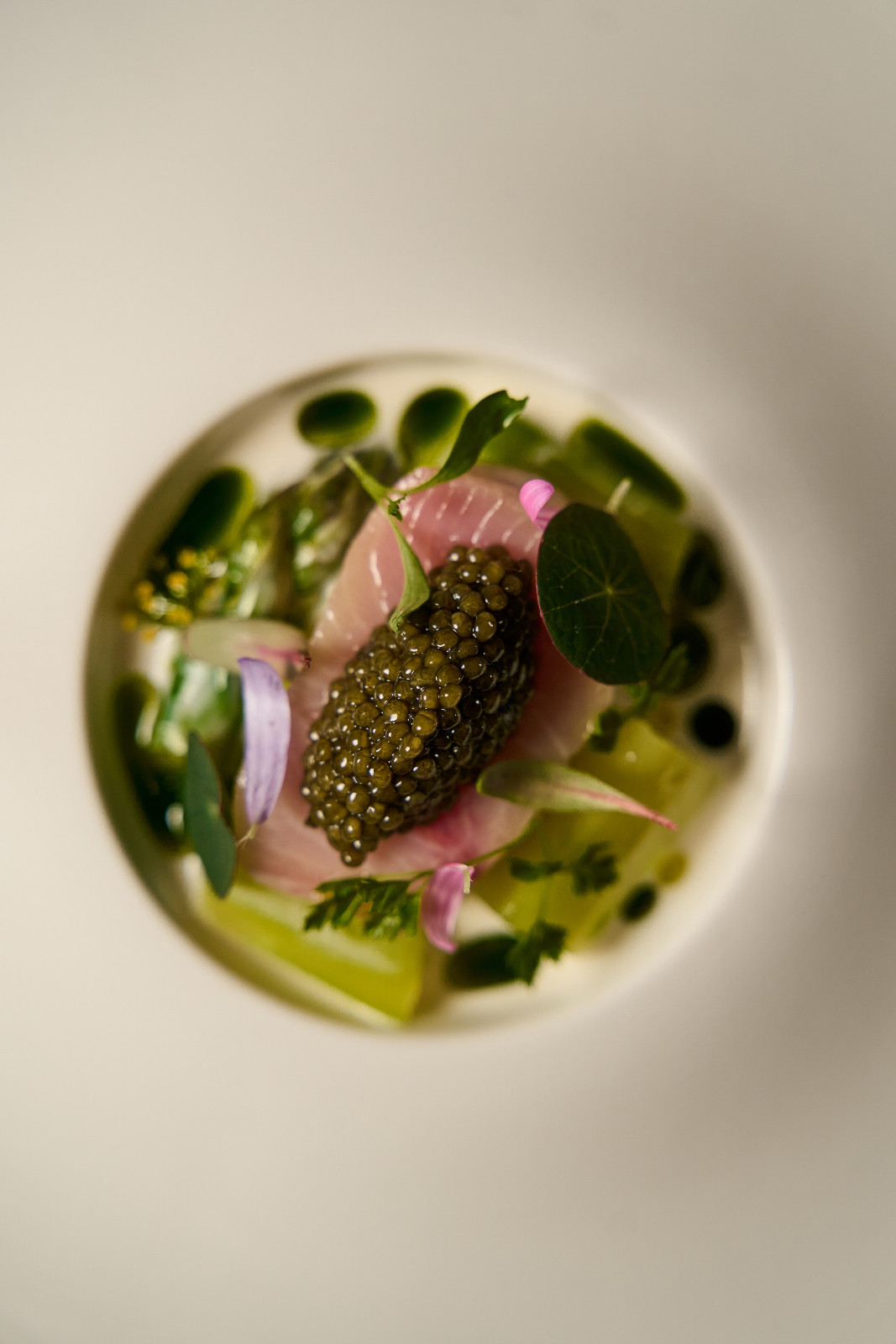 Caviar crowns thinly sliced fish crudo, garnished with fresh herbs and vibrant edible flowers.