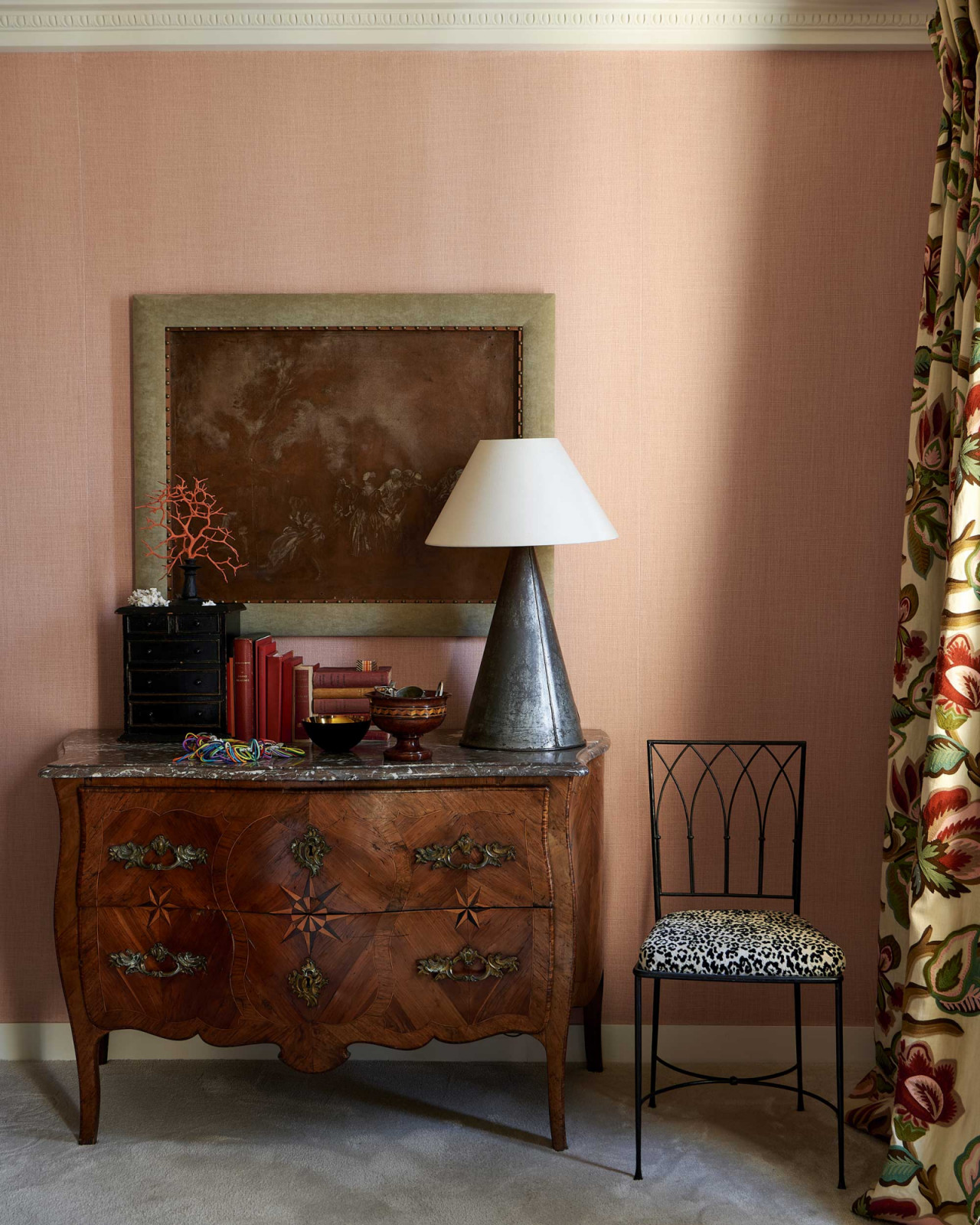 A Louis XV marquetry dresser beneath a painting from Axel Vervoord