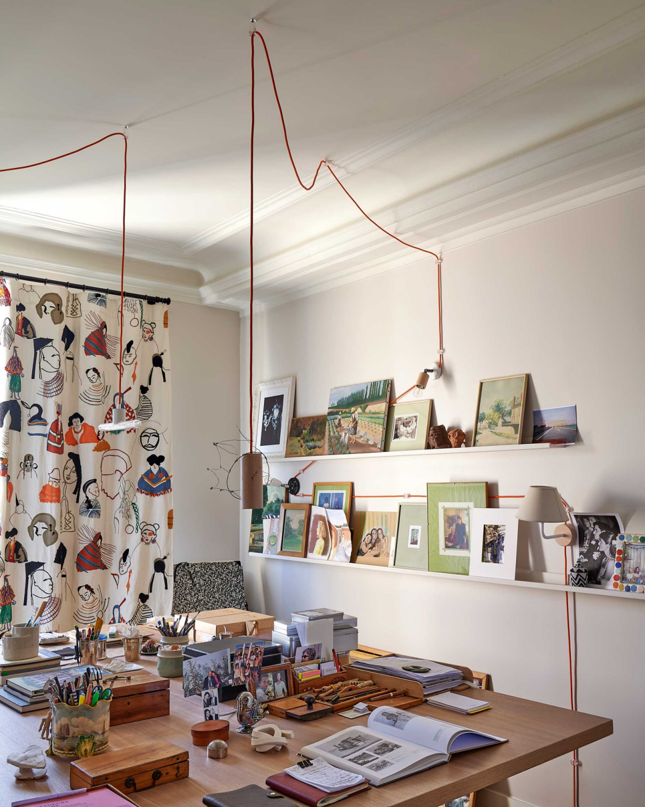Lorraine’s studio features La Smala curtains by Pierre Frey
